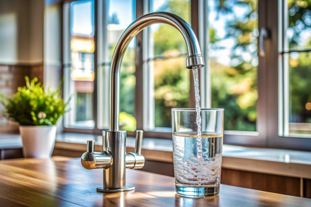 Grifo de cocina con vaso de agua pura en una vivienda